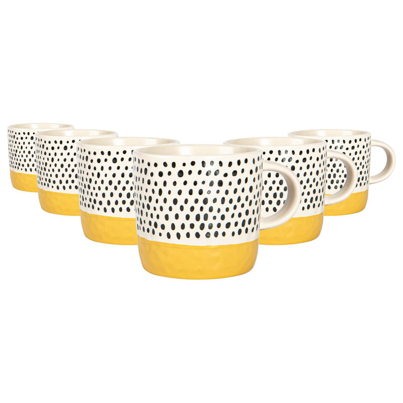 Nicola Spring - Dipped Dotty Stoneware Coffee Mugs - 385ml - Set of 6, Mustard