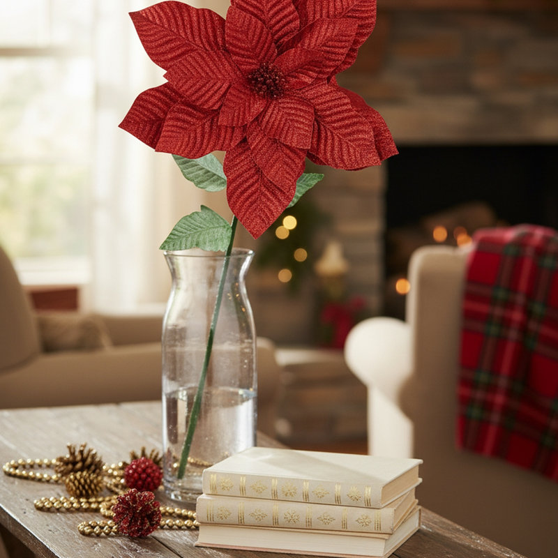 41,5 po. Poinsettia scintillant avec feuilles rouge, Rouge, Rouge