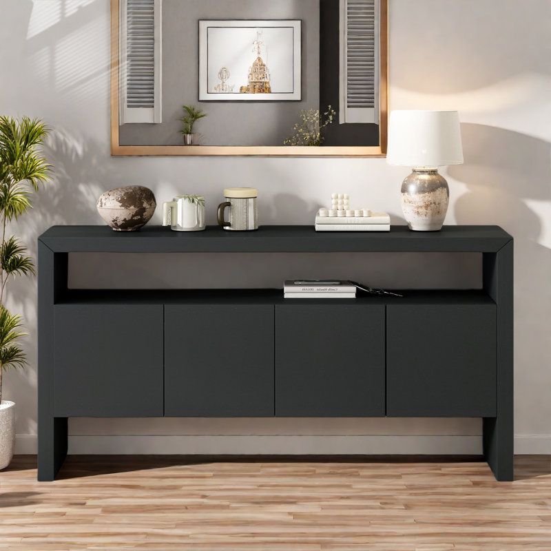 Modern 4-Door Console Table With Open Shelf And Natural Wood Grain, Black