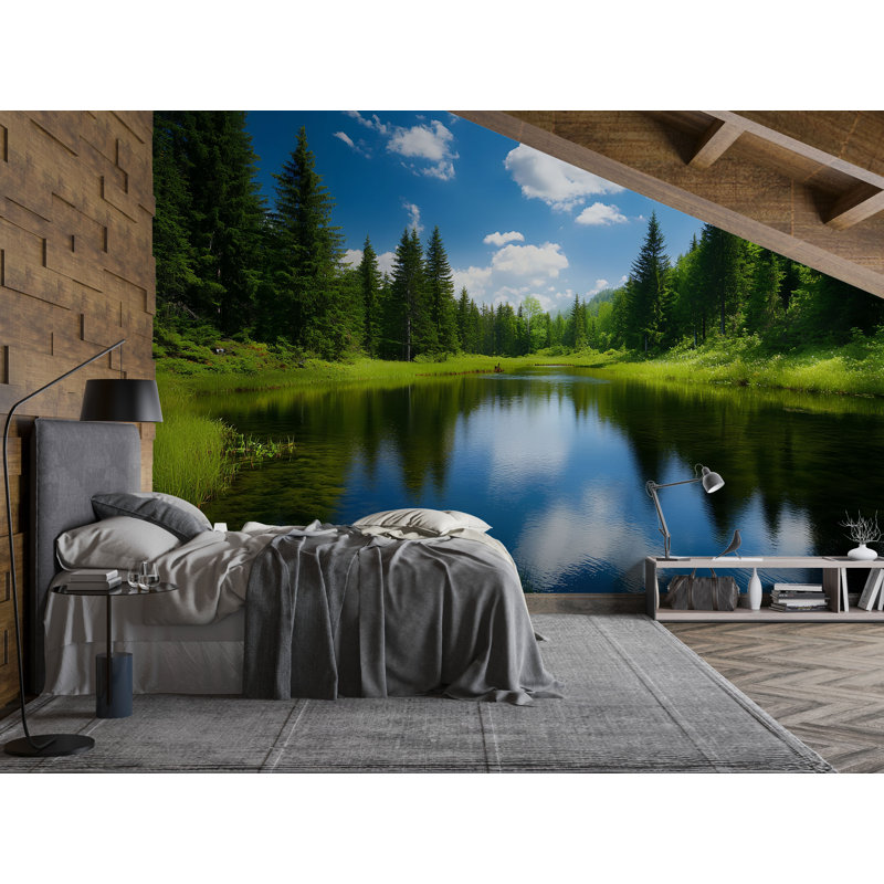 Adhésif mural Tranquil Forest Lake, L 100 po x l 70 po, Premium Non-Woven
