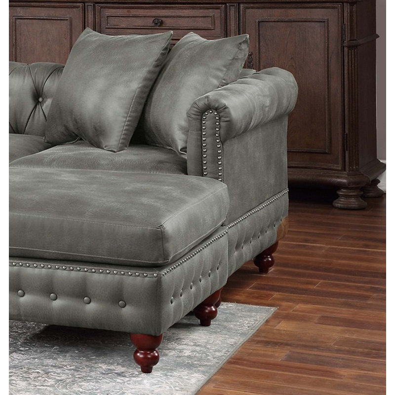 Canapé modulaire de coin en simili cuir avec repose-pieds Abheer, Similicuir gris