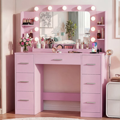 Hollywood Vanity Desk with Lights, 43.3" 7 Drawers, Charging Station