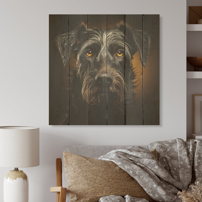 Portrait Schnauzer Sophistication I - chien, art mural sur bois de pin naturel, H 36 po x l 36 po