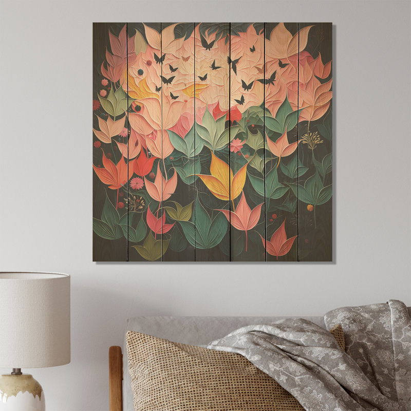 Bat Bat Elegance florale - chauve-souris sur bois, H 25 po x l 25 po
