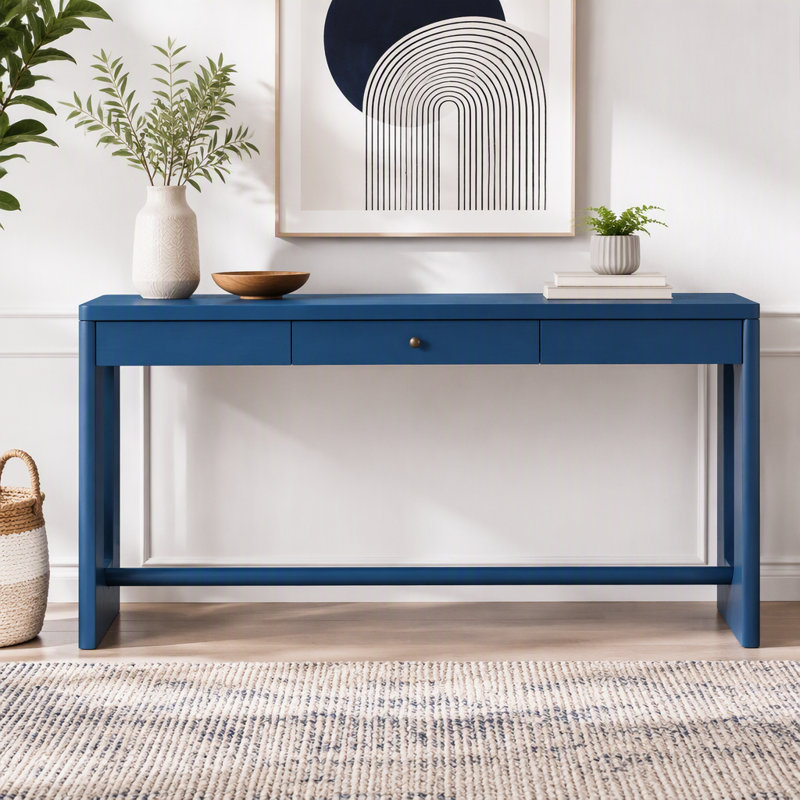 Console en bois de style U avec tiroir et pattes ovales découpés, Marine