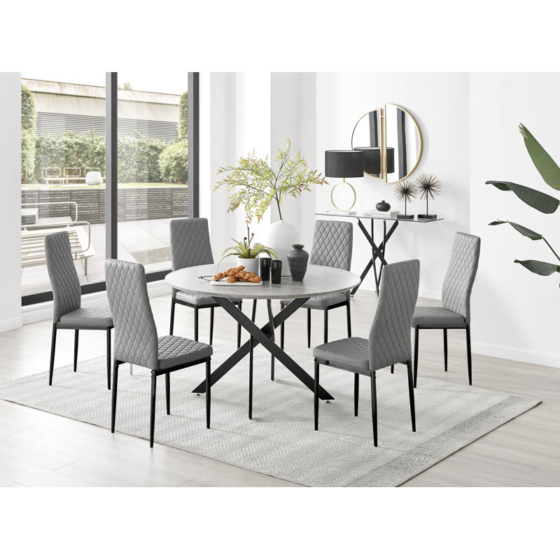 Modern Chrome and Concrete Effect Contemporary Dining Table & 6 Luxury Faux Leather Dining Chairs, 6, Grey