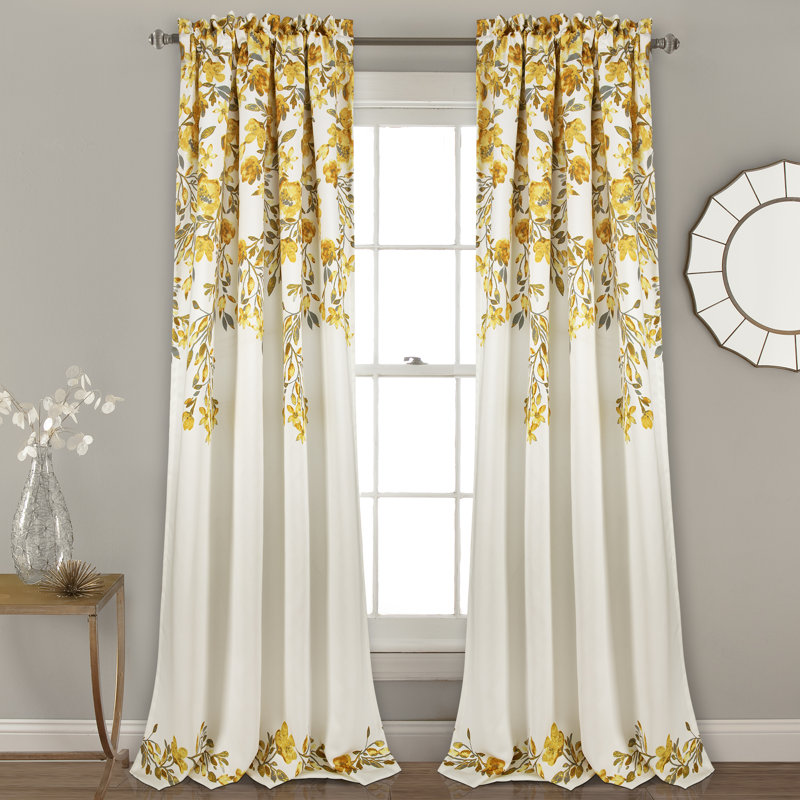 Yellow and Gray Floral Polyester Blackout Window Curtain Panels