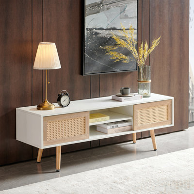 55.12-Inch Rattan TV Cabinet for Airy-Sun-Drenched-Lounges with Sliding Doors - White