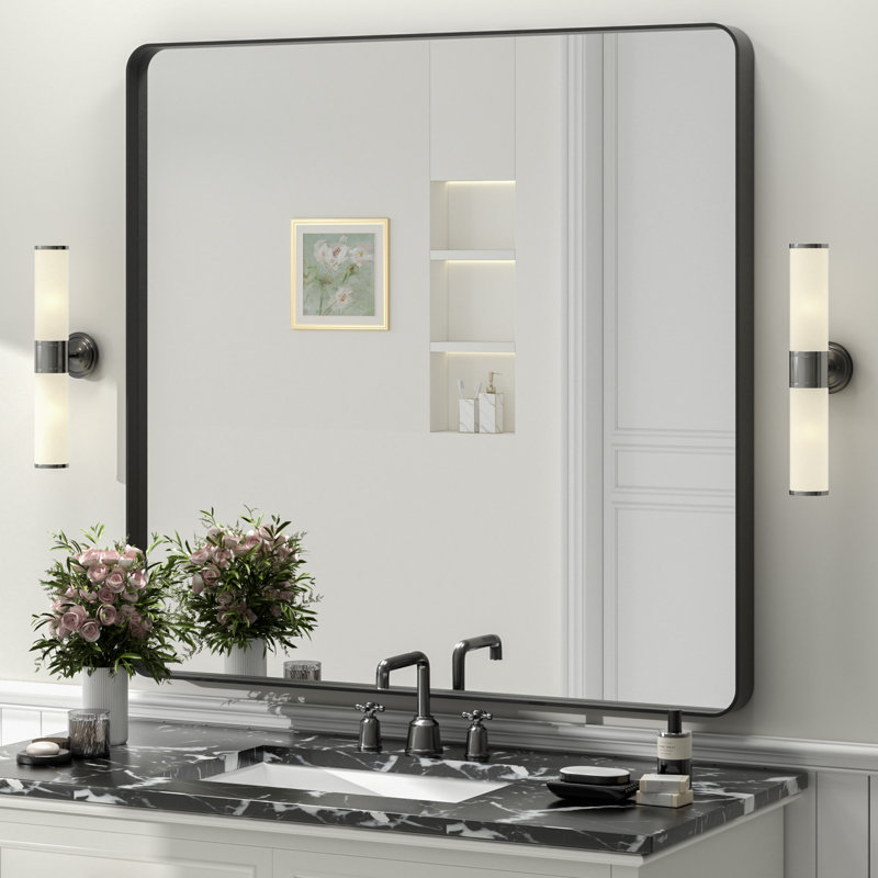 Miroir de salle de bain mural en verre trempé et métal Molly, 40 po x 38 po, Noir, Rectangle(Rounded Corner)