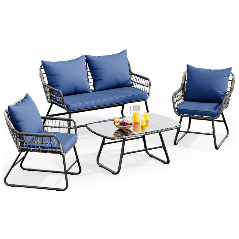 Ensemble de bistro 4 pièces avec causeuse pour conversation toutes saisons, Bleu / Noir