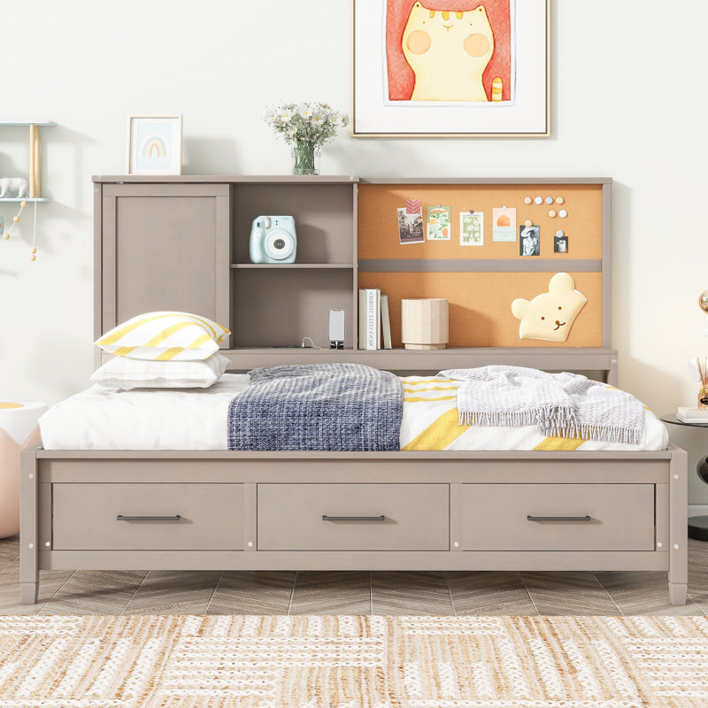 Twin Size Daybed with 3 Drawers, Storage Shelves, Cork Board & Built-In USB Ports – Wood Frame, Antique Gray, Gray