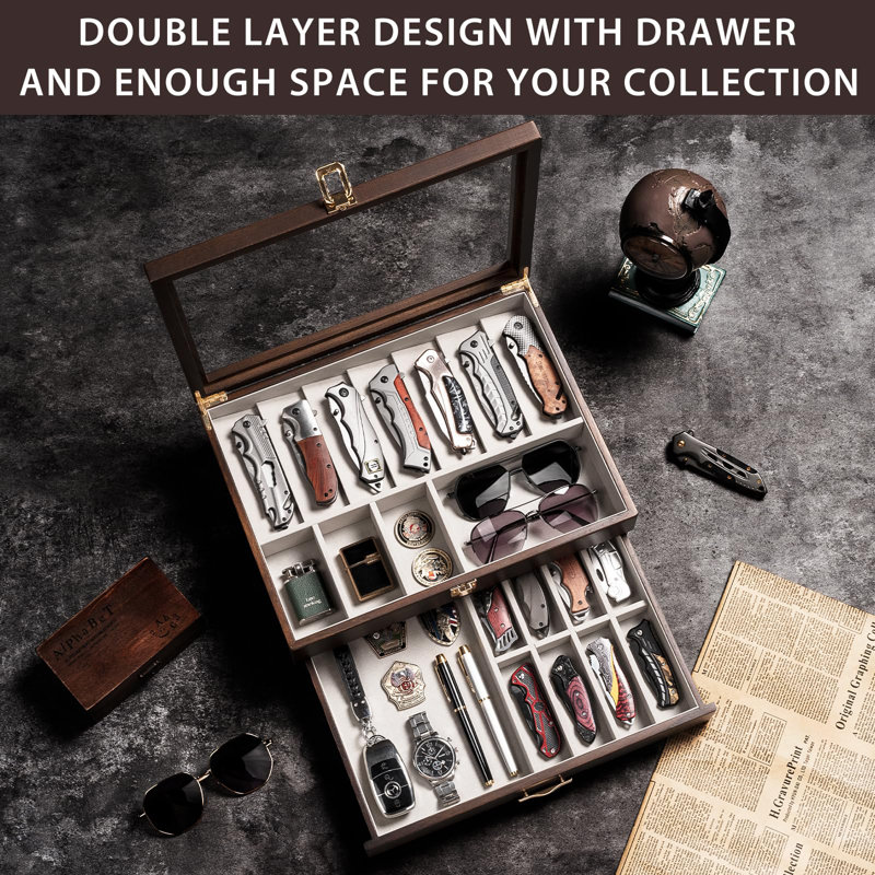Présentoir à couteaux de poche pour collection de 17-23 couteaux pliants, couteau de poche avec plateau en acrylique, boîte de rangement à deux niveaux, noyer