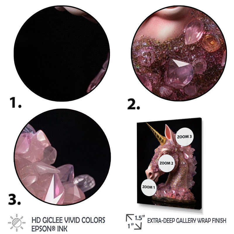 Portrait d'une licorne rose en 3D sur toile, Cadre naturel flottant, H 32 po x l 16 po x P 1 po