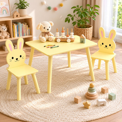 Bunny-Themed Kids Table & 2 Chairs Set, Wooden Toddler Activity Table for Playroom Bedroom Classroom, Cream Yellow