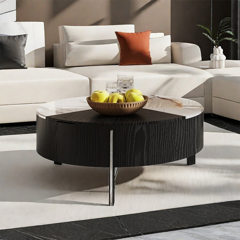 Table basse ronde en pierre micro-cristalline, Noir / blanc