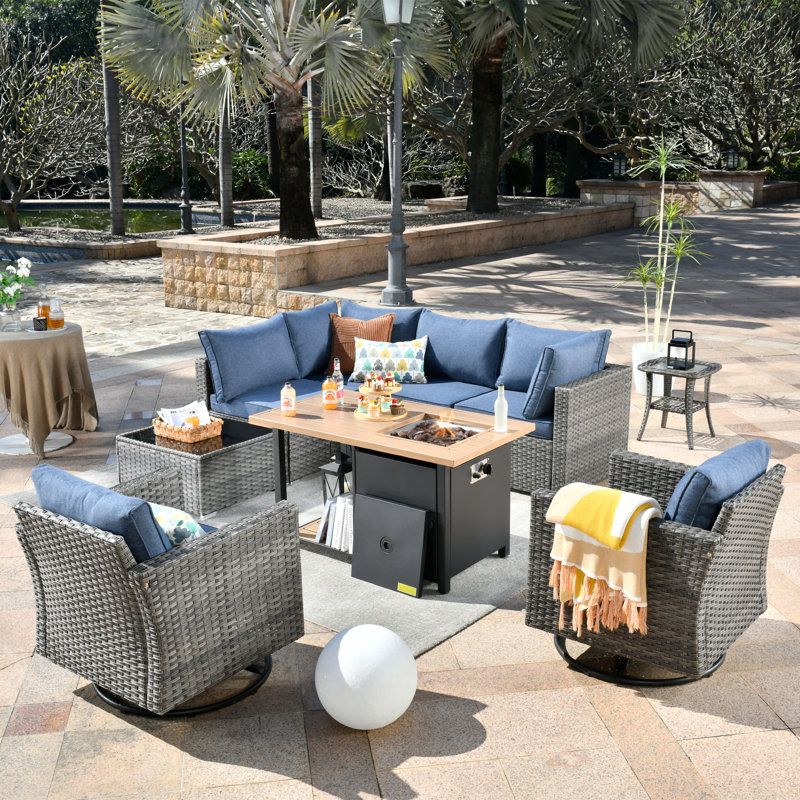 Ensemble modulaire de conversation pour patio 8 pièces avec coussins et table de foyer 8 pièces, Bleu