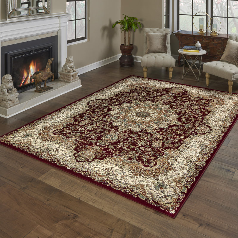 Tapis d'intérieur à bordure médaillon rouge Majestic Silas, Rectangle 6 pi 6 po x 9 pi 6 po