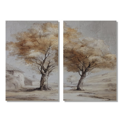 «Maple Trees On The English Countryside», impression sur toile campagne, art mural ferme brun, 2 pièces