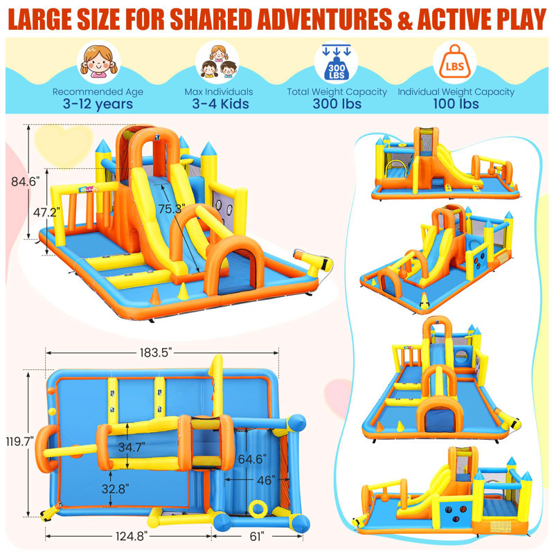 Jeu gonflable gonflable avec glissade d'eau, parc de glissade d'eau de 15 pi avec glissade longue, parcours d'obstacles, saut, piscine, cerceau, canon à eau, glissade d'eau dans la cour arrière