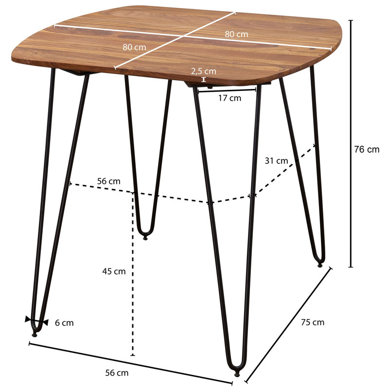 Aldona Solid Wood Top Metal Base Dining Table, 76cm H x 80cm L x 80cm W
