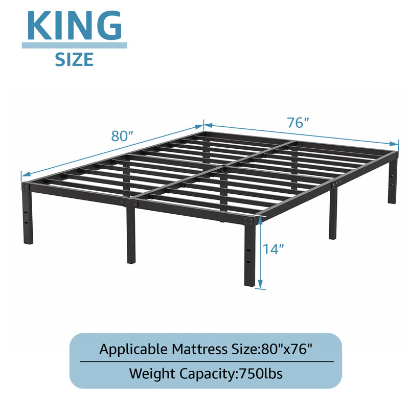 Structure de lit plateforme en métal 14 po avec tête de lit compatible avec aucun sommier tapissier, très grand