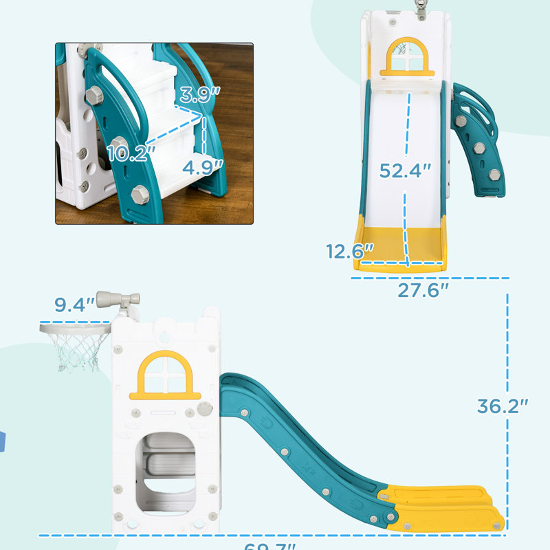 Toboggan avec jeu d'intérieur 5 en 1: toboggan, cerceau, rangement, télescope et escalade, 3 ans, polypropylène, design blanc-jaune, télescope, jeu, etc.