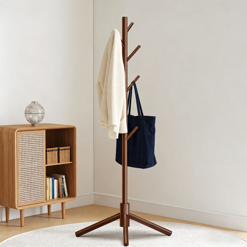 Freestanding Wooden Coat Rack, Durable Tree With 8 Hooks & Stable Triangular Base, 3 Adjustable Heights, Simple Bedroom Assembly