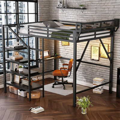 Structure de lit mezzanine en métal grand noir élégant avec station de charge de bureau pliable et rangement d'escalier pour adolescents et adultes