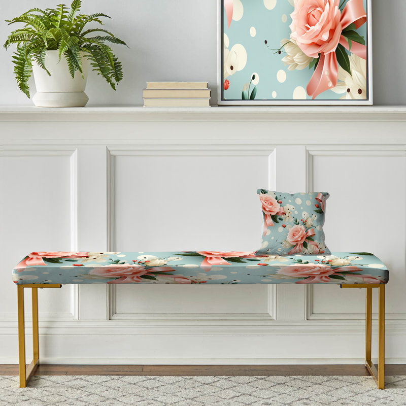 Pink Romantic Rose And Polka Dot Delight - Polka Dots Upholstered Gold Bench