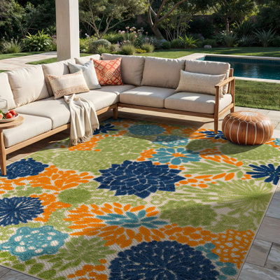 Floral Beige/Navy/Teal/Green/Orange Indoor/Outdoor High-Low Area Rug