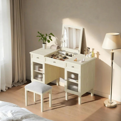 2-In-1 Makeup Vanity With Flip-Top Mirror, Vanity Desk With Drawer & Cabinet, Multi-Functional Bedroom Vanity Set