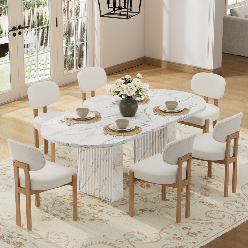 Ensemble de table de cuisine ovale à double piédestal, 7 Pieces: Table, 6 Chairs, Beige