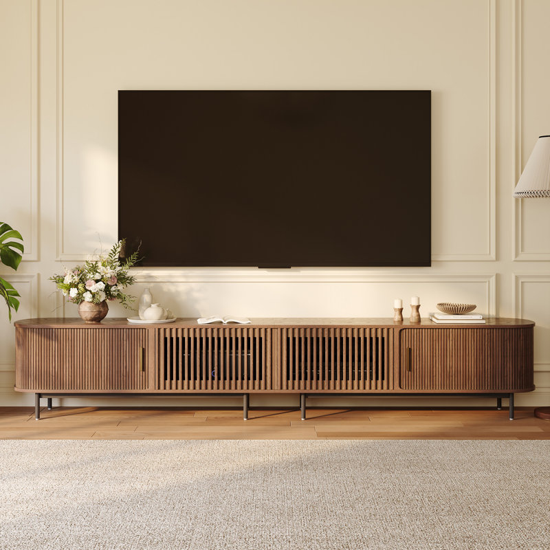 Mid-Century Modern TV Stand, Sliding Door, Fully Assembly, 21.25"H x 118"L x 15.75"W, Brown