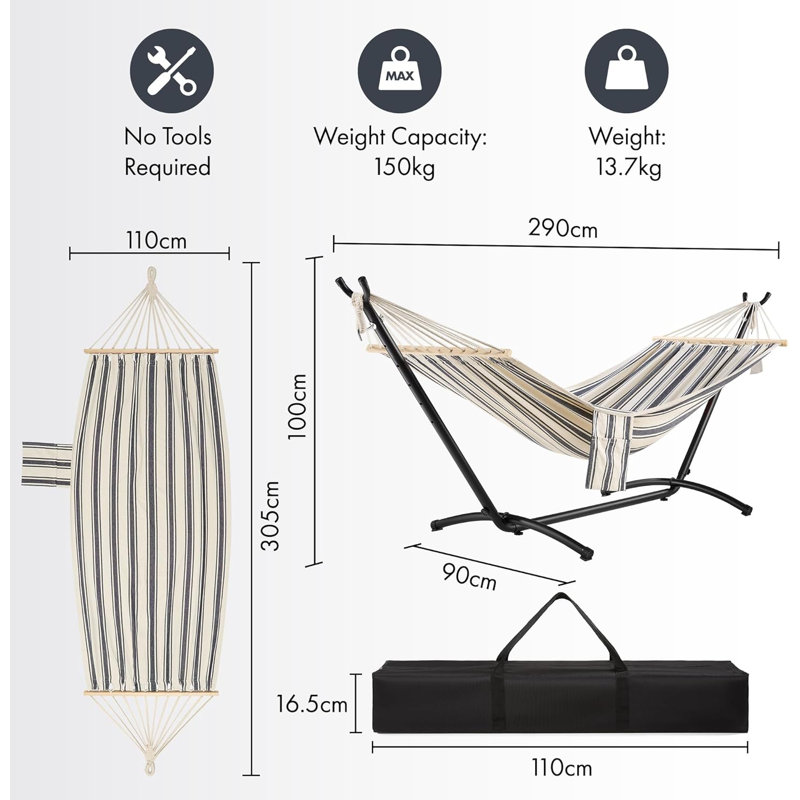 Hammock with Stand ,1 Person Striped Hammock Seat with Steel Frame, Grey/Beige