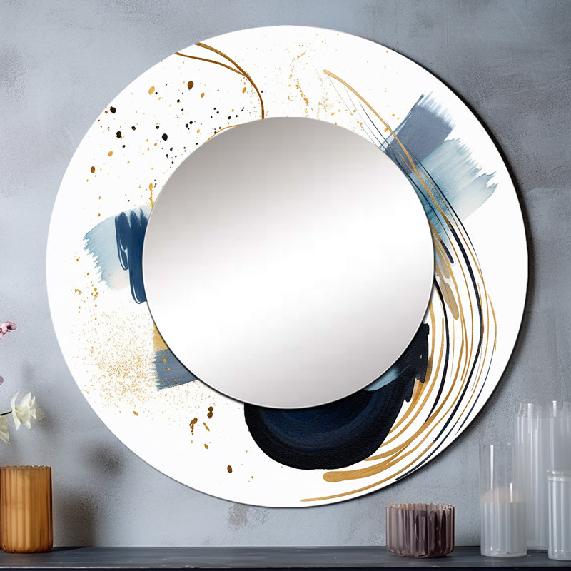 «Landscape of Dark Blue and Gold Strokes IV», miroir mural géométrique, miroir décoratif rond bleu, impression d'art en métal