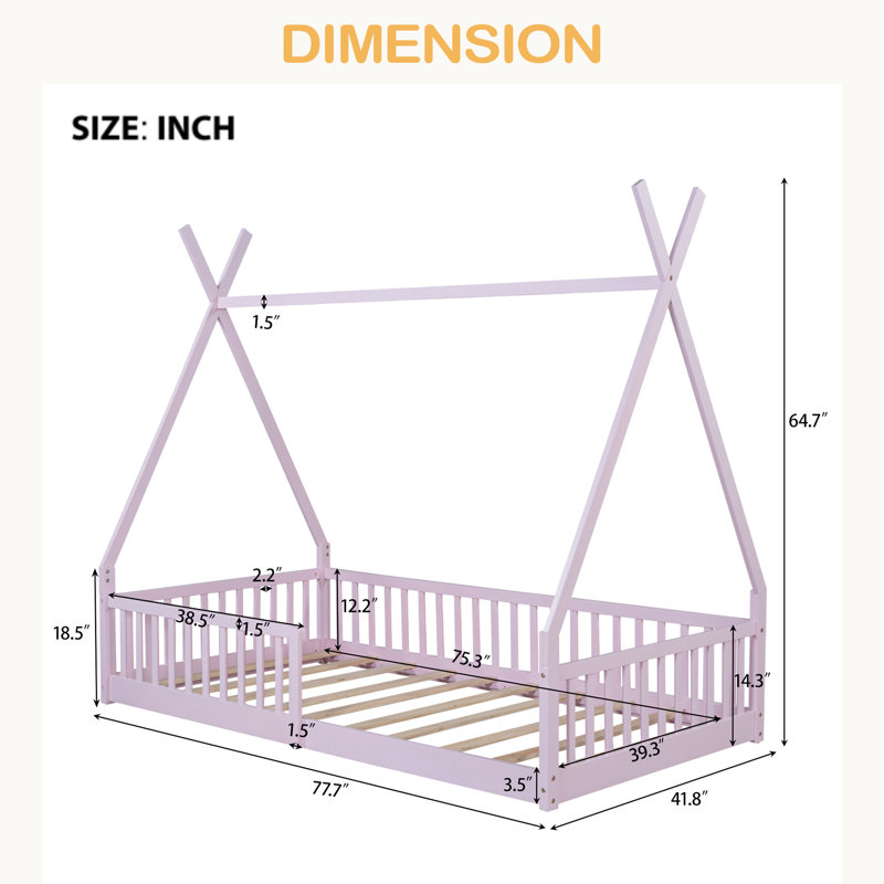 Twin Size Wood House Bed With Fence, Pink