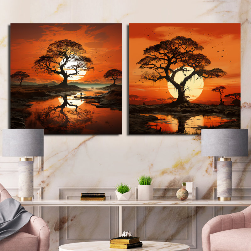 Coucher de soleil silhouettes d'arbre baobab, Toile tendue, H 36 po x l 73 po