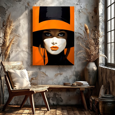 Impression sur toile mode femme à chapeau glamour, portrait orange, œuvre d'art moderne pour le salon, la chambre à coucher, le bureau, le couloir et la galerie d'appartements, décoration de maison moderne
