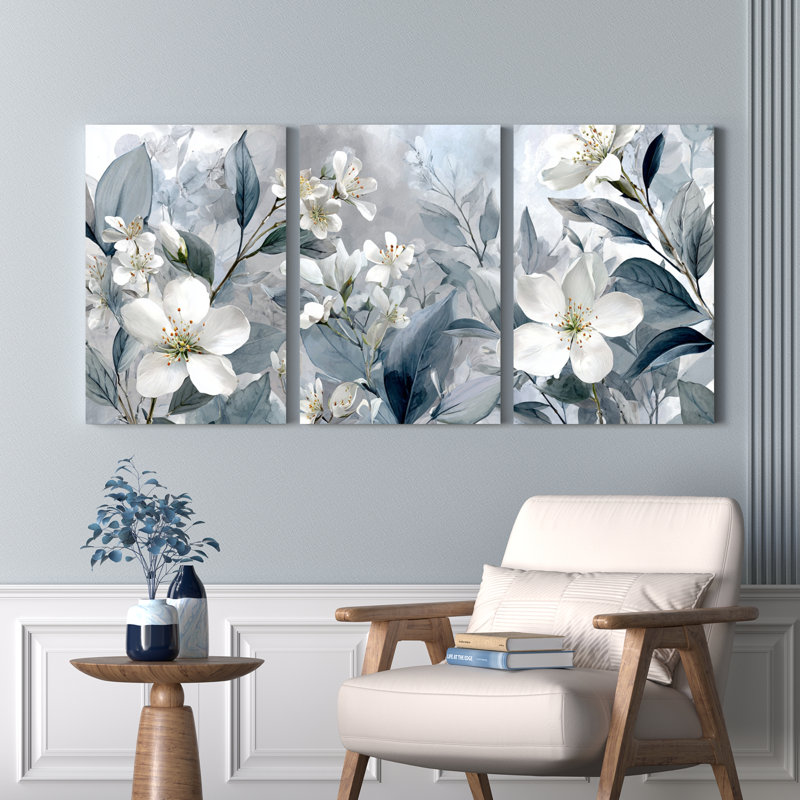 Ensemble de 3 tableaux muraux sur toile tendue, motif floral de fleurs de cerisier blanches, pour la décoration du salon et de la chambre.
