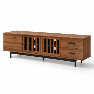 Meuble télé pour téléviseur de 85 po ou moins, console média avec deux tiroirs, portes d'armoire coulissantes, charnières à fermeture en douceur, tablettes réglables et système de gestion des câbles