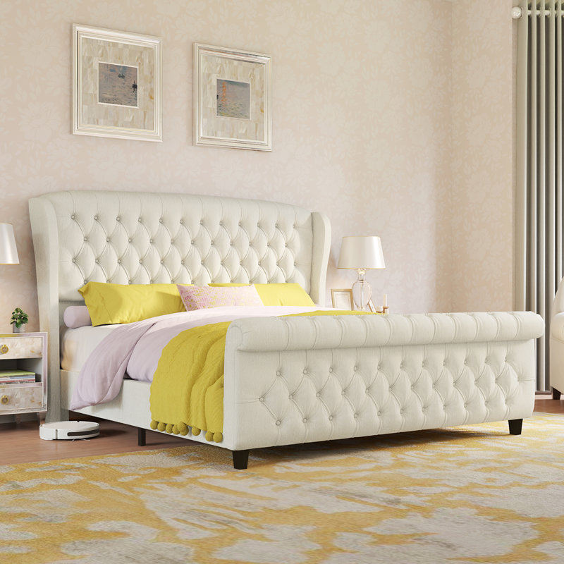 Lit-bateau tapissier en chenille / velours, Très grand, Crème
