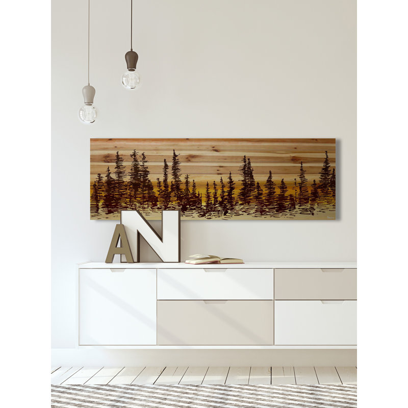 «Pine Tree Sunset», impression graphique sur bois Haimes, H 10 po x l 30 po x P 1,5 po