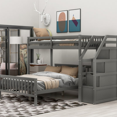 Gray Twin Over Full Bunk Bed, With Stable And Secure Structure Staircase Loft Bed Spacious Under Area, Ideal For Play Or Study