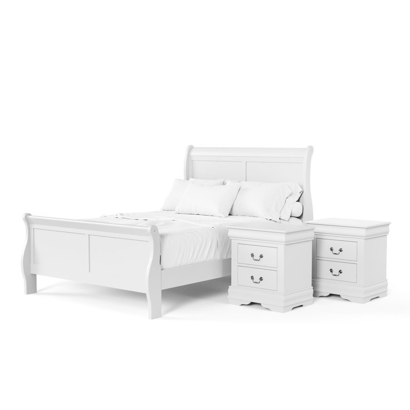 Ensemble de chambre à coucher Emelinda, Blanc, Double, Trois pièces : lit, 2 tables de chevet