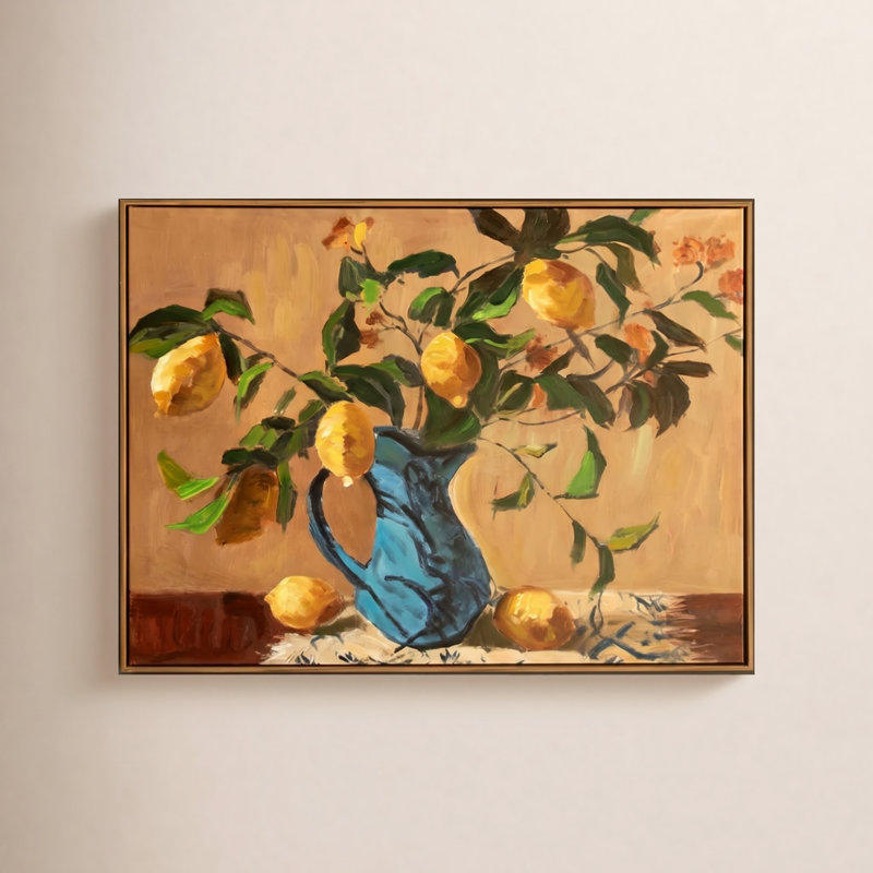 Peinture sur cadre encadrée - branche de citron dans un vase bleu