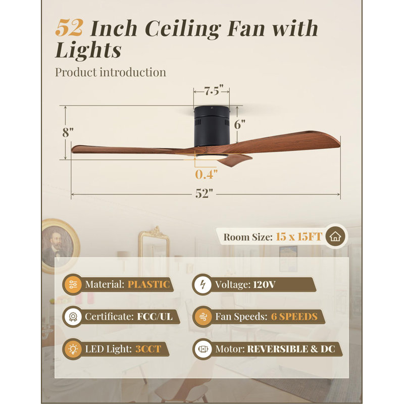 52" 3 - Blade Standard Ceiling Fan With Remote Control And LED Light, Silent Breeze For All Seasons, Walnut, Black