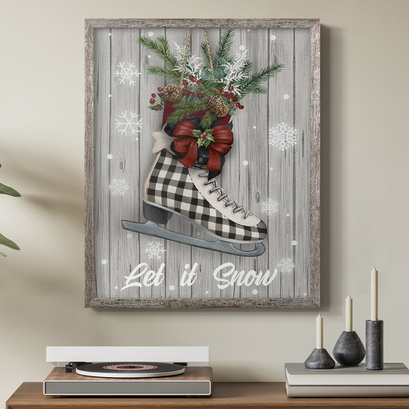 Patins de Noël, reproduction encadrée - bois massif, H 11 po x l 9 po