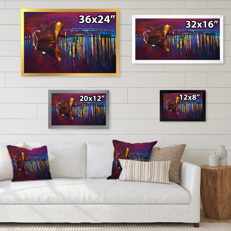 «Purple Cargo Ship In Cities», reproduction d'art sur toile encadrée, H 24 po x l 36 po x P 1 po, Cadre photo blanc
