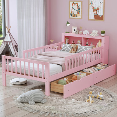 Bed with Headboard Storage Rack, Two Under-Bed Drawers, Three-Side Guardrails for Safety and Security