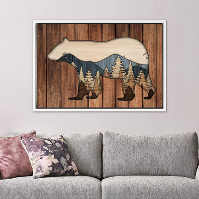 Western Wood Effect Landscape IDEA4WALL, impression sur toile encadrée, panneau en bois, double exposition, ours, forêt, nature sauvage, art numérique, art moderne, décoration campagne / ferme zen pour le salon, la chambre à coucher, le bureau CFV-AS